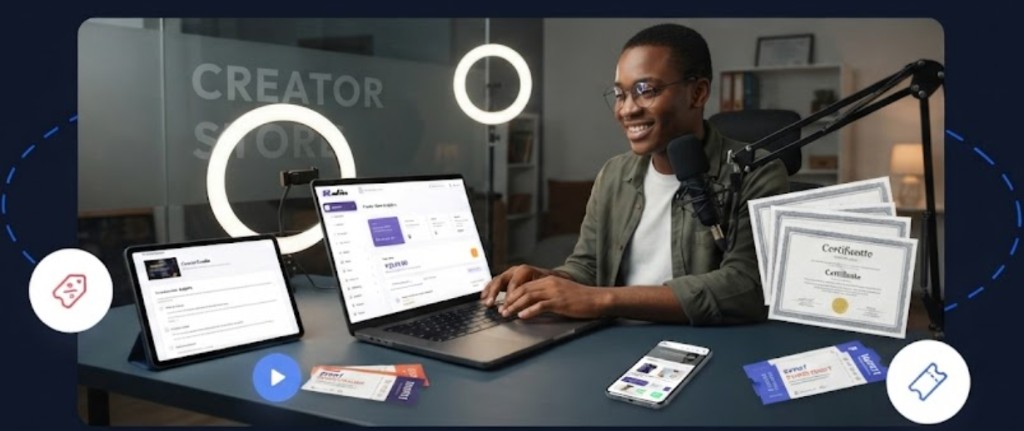 Creator selling courses, downloads, and tickets on Kudita — laptop, tablet, and phone storefront