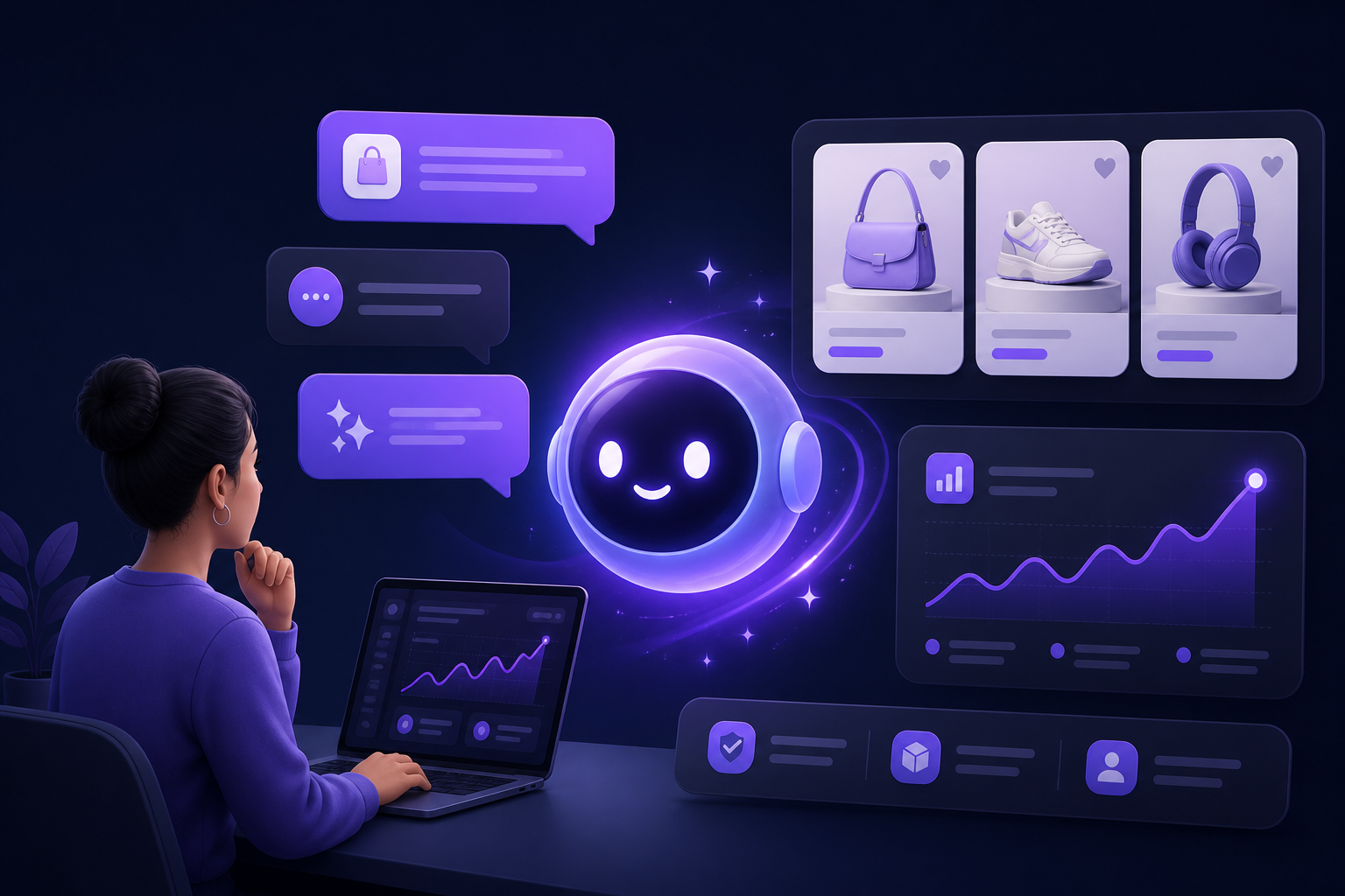 Ayor AI assistant helping merchants with sales insights, product listings, and chat commerce bots