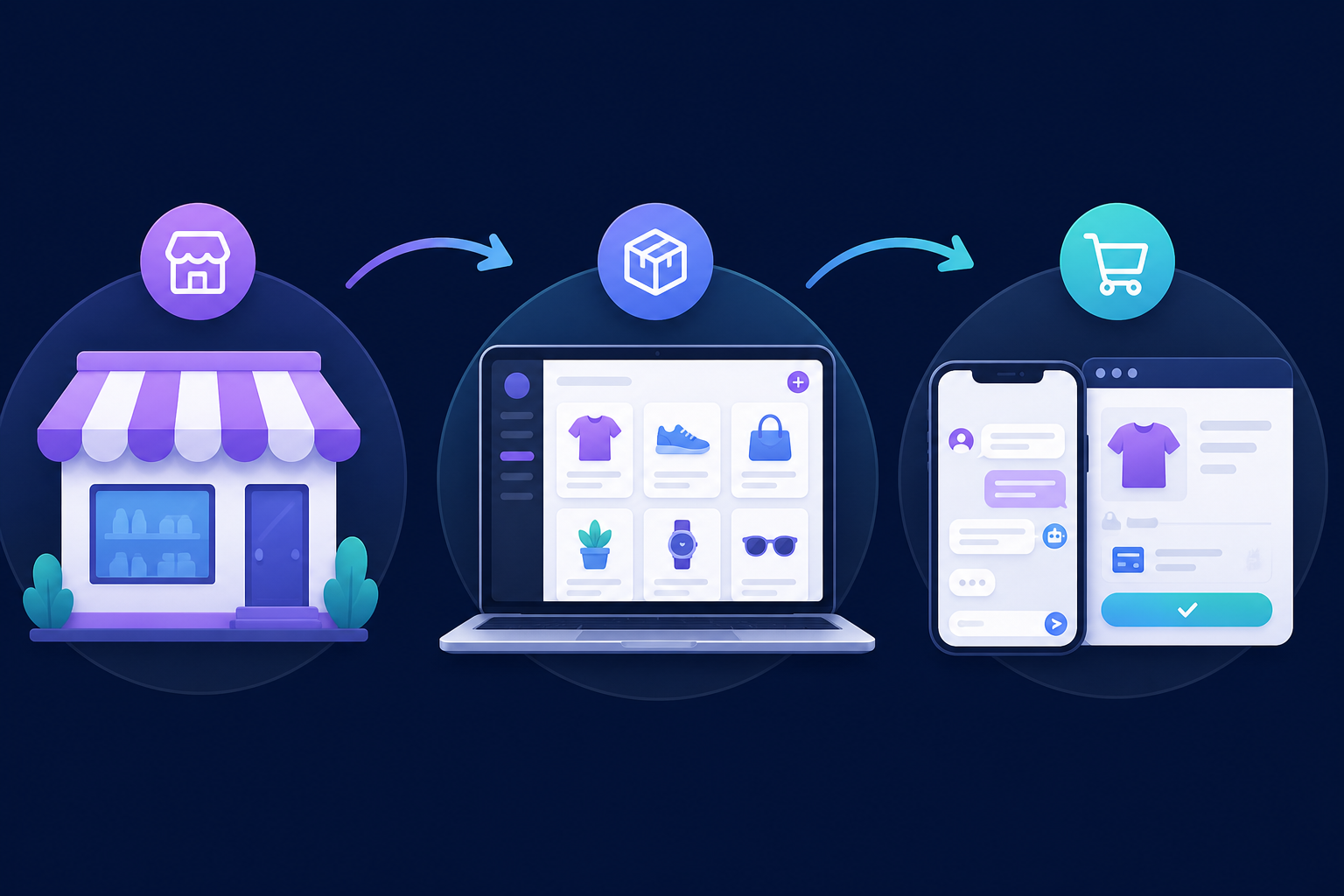 Three steps to launch on Kudita — create store, add products, sell in chat