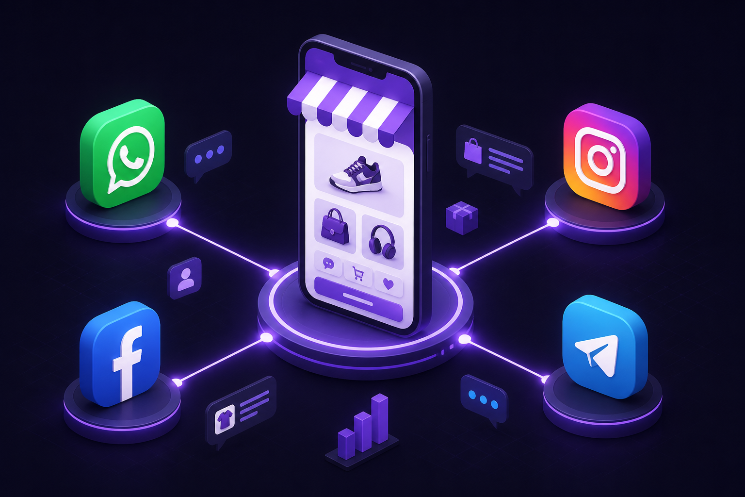 WhatsApp, Instagram, Messenger, and Telegram connected to one Kudita storefront