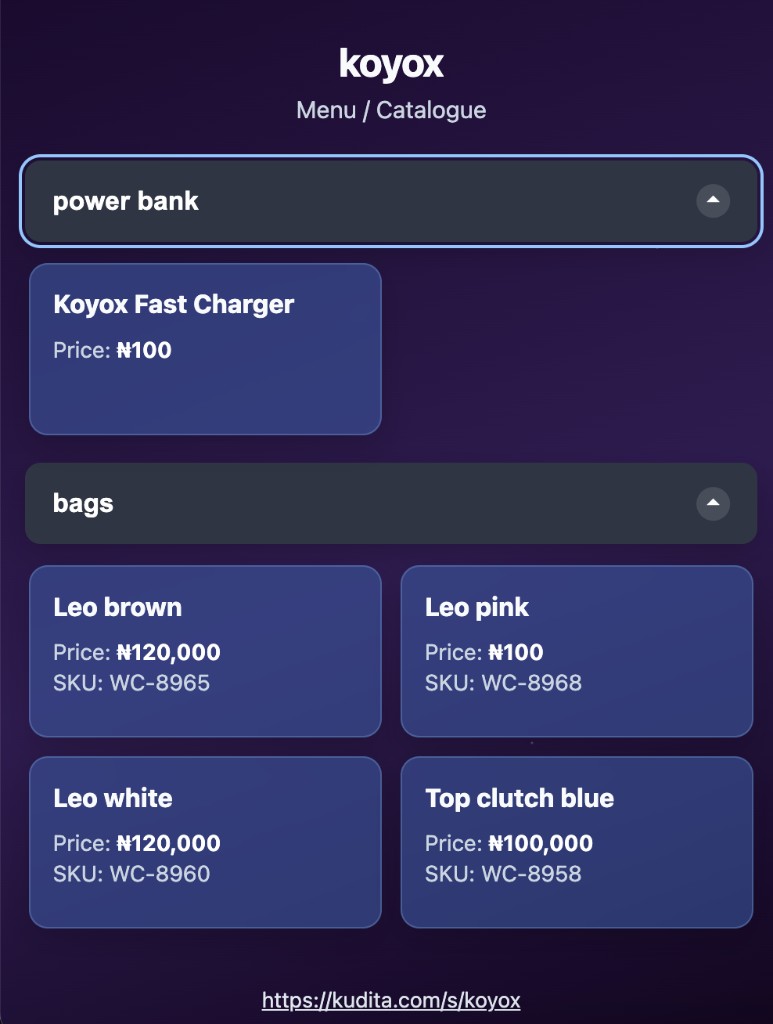 Kudita public catalogue on a phone — products grouped by category