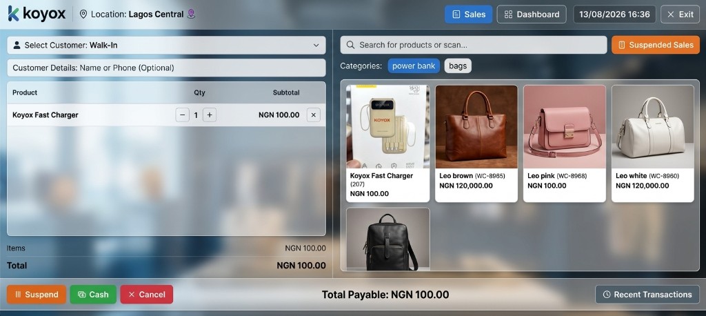 Kudita POS register — cart, product grid, cash checkout, and suspended sales